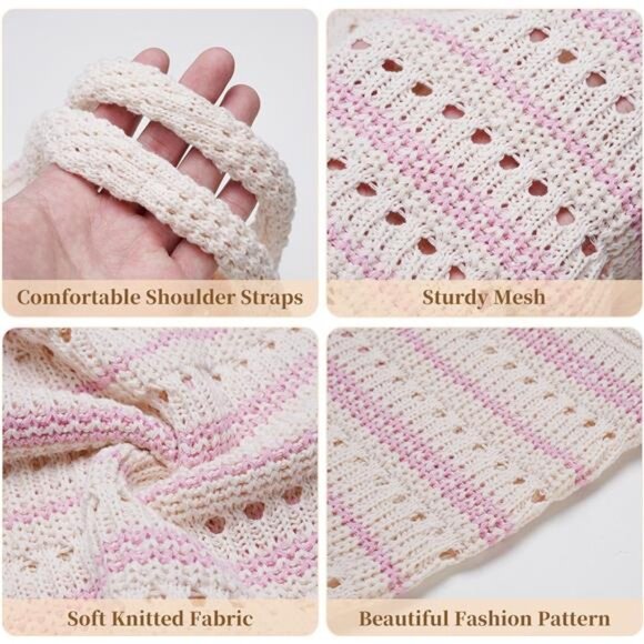 Crochet Tote Bag, Mesh Beach Bag Beige Pink - Picture 5 of 7